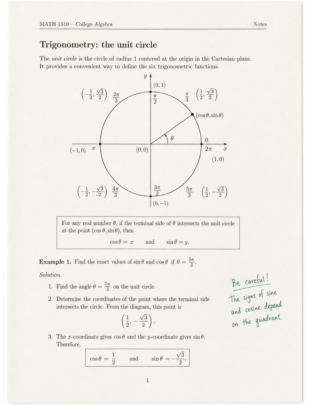 Typeset notes page on the unit circle with a labelled diagram and a worked example
